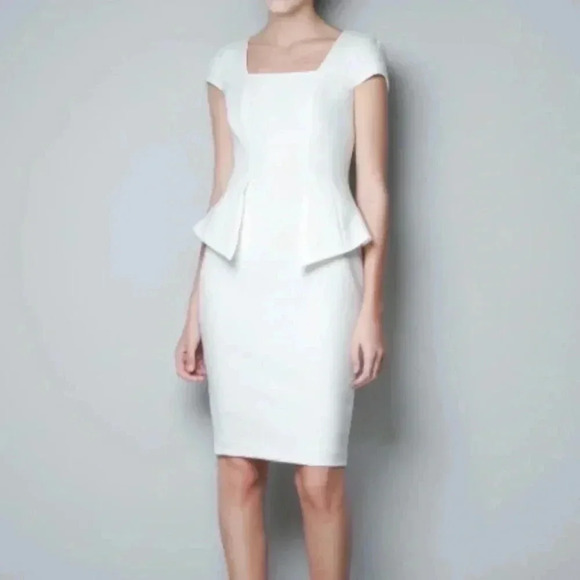 Zara White Peplum Cap Sleeve Midi Dress Sz M - Picture 1 of 13